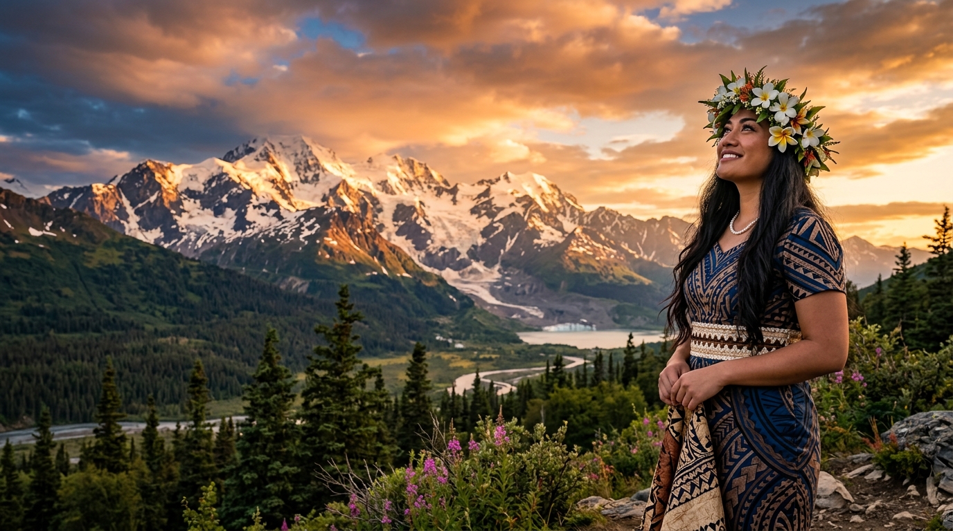 Samoan woman with flower crown against Alaskan mountains at sunset